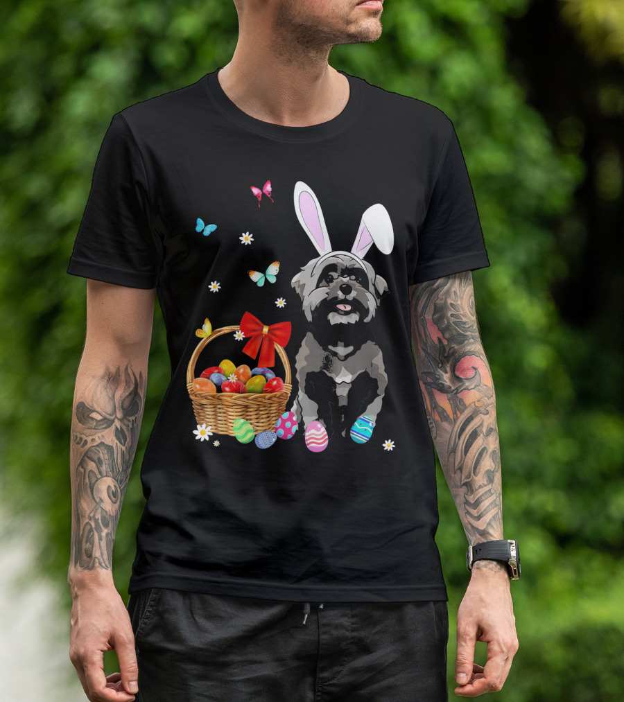 Shih Tzu With Bunny Ears And Easter Egg Basket With Butterflies And Flowers T-Shirt