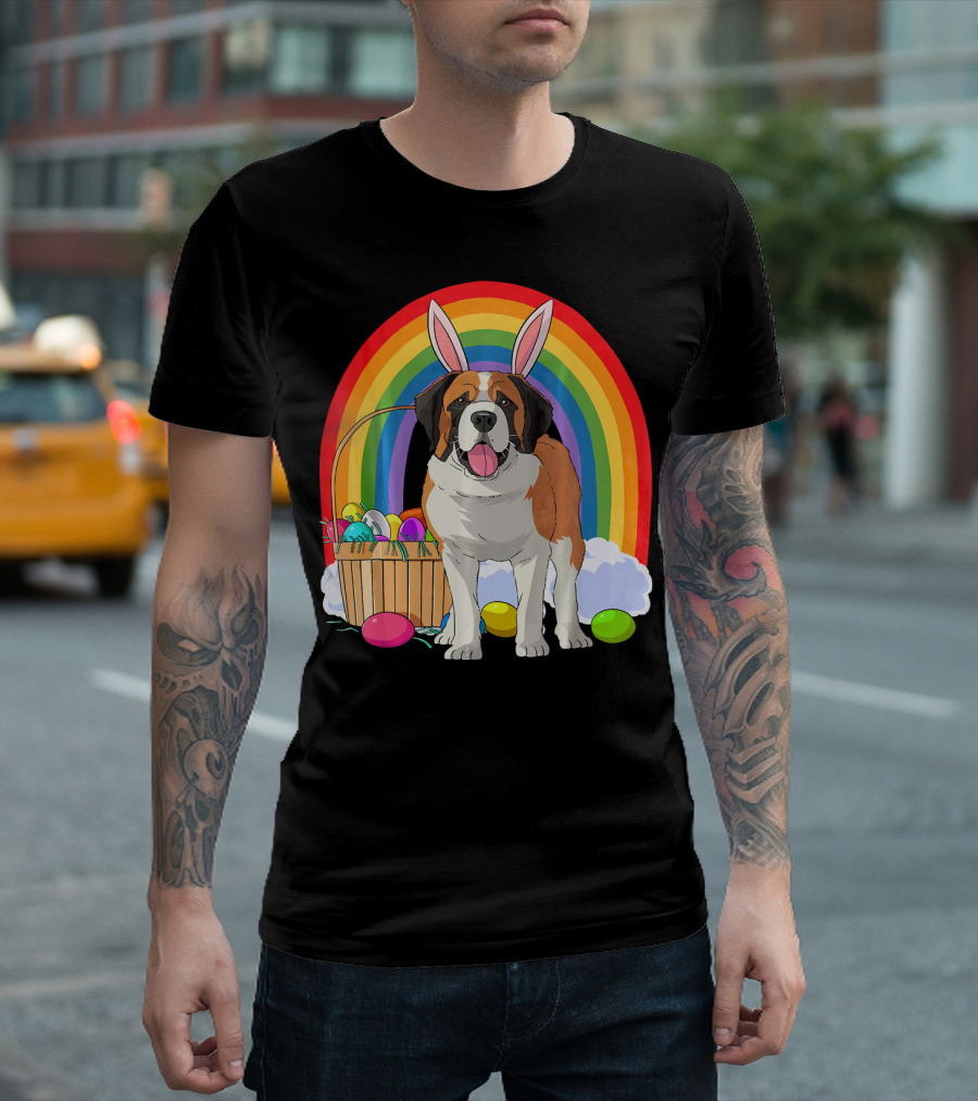 Saint Bernard Bunny Dog with Easter Eggs and Rainbow T-Shirt