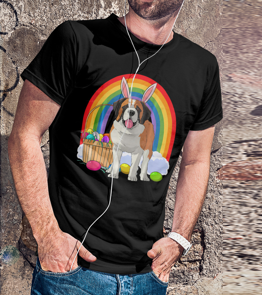 Saint Bernard Bunny Dog With Easter Eggs And Rainbow T-Shirt