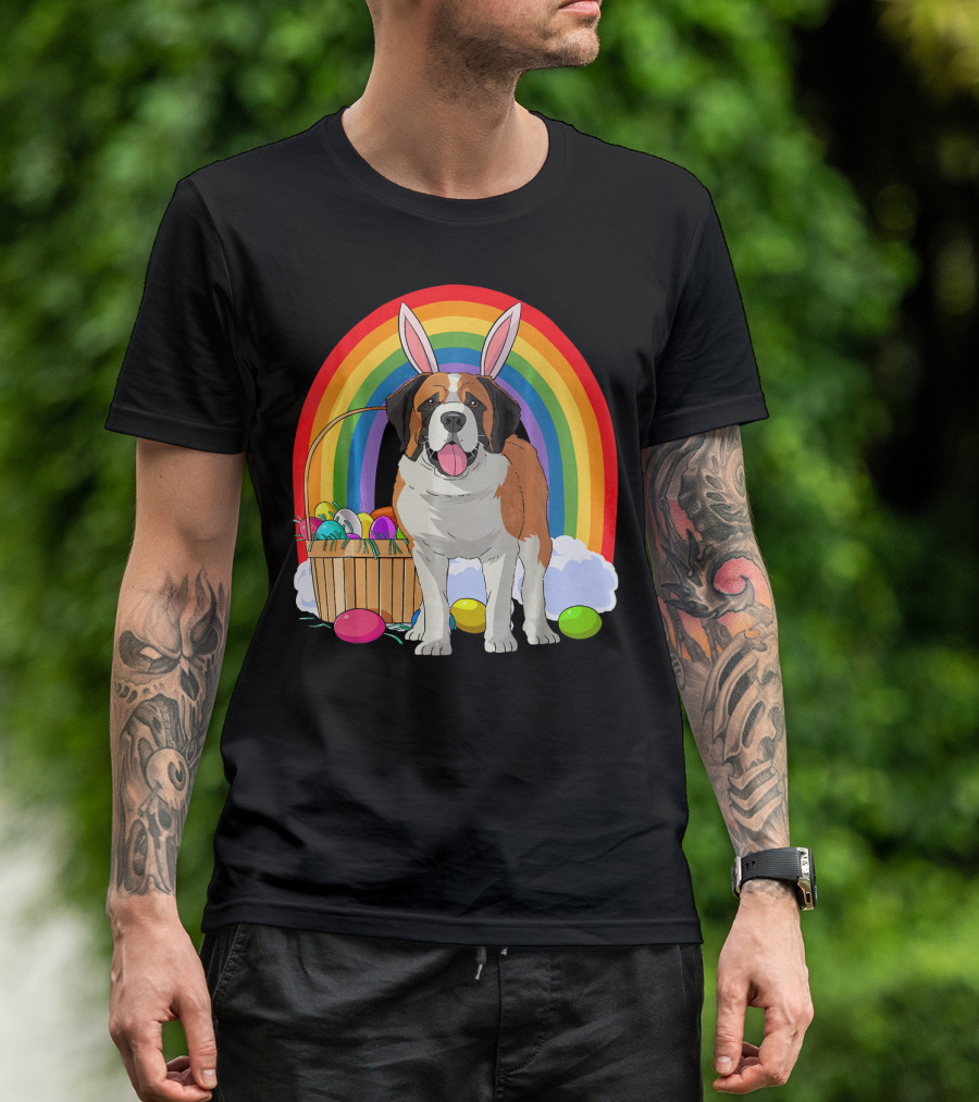 Saint Bernard Bunny Dog With Easter Eggs And Rainbow T-Shirt