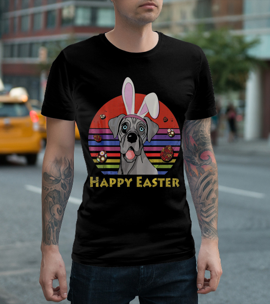 Great Dane With Bunny Headband Happy Easter Stripes and Eggs T-Shirt