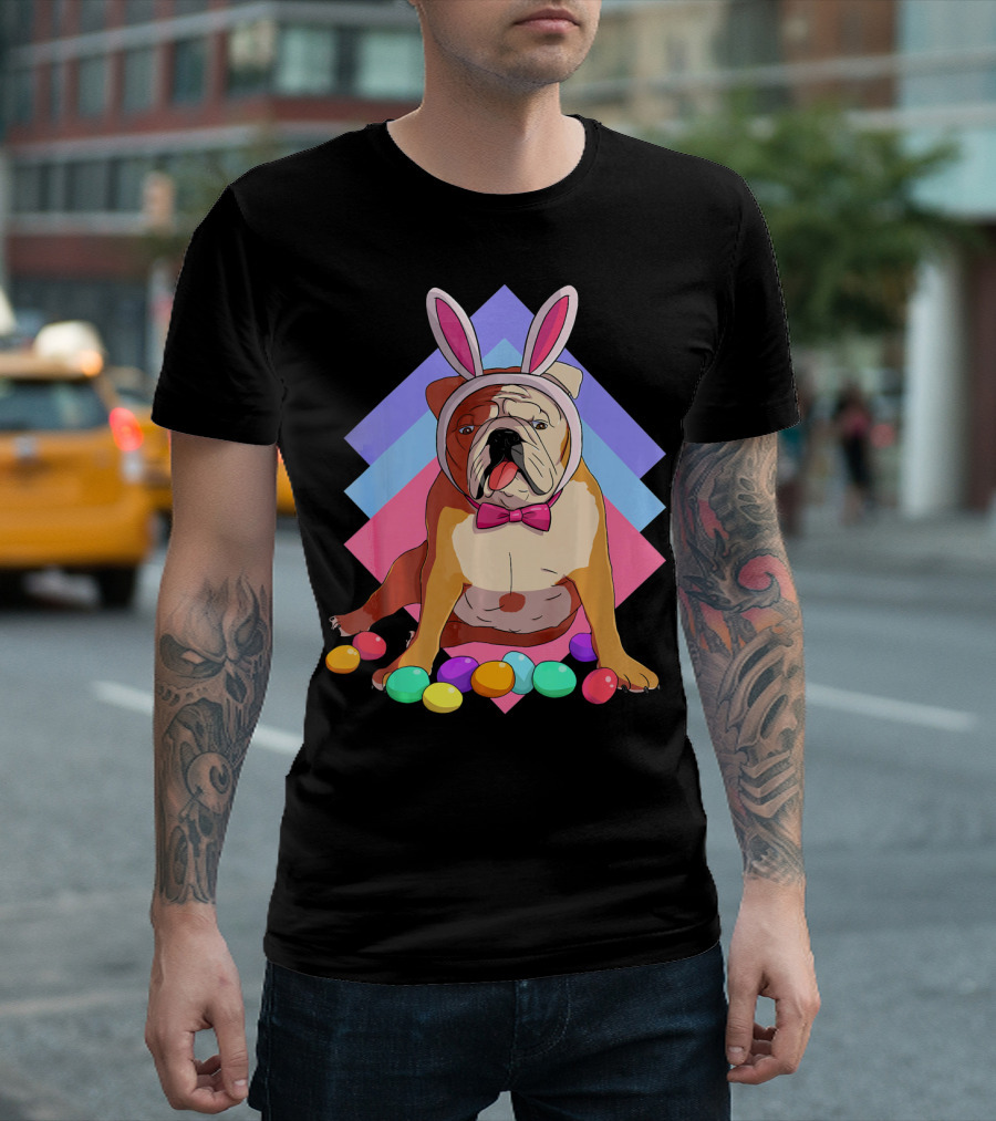 Easter Eggs Bulldog with Bunny Ears and Bowtie T-Shirt