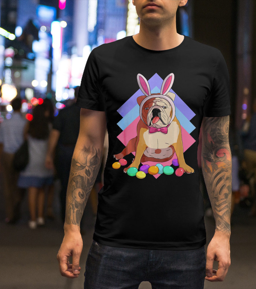 Easter Eggs Bulldog With Bunny Ears And Bowtie T-Shirt
