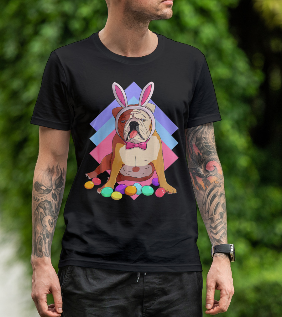 Easter Eggs Bulldog With Bunny Ears And Bowtie T-Shirt
