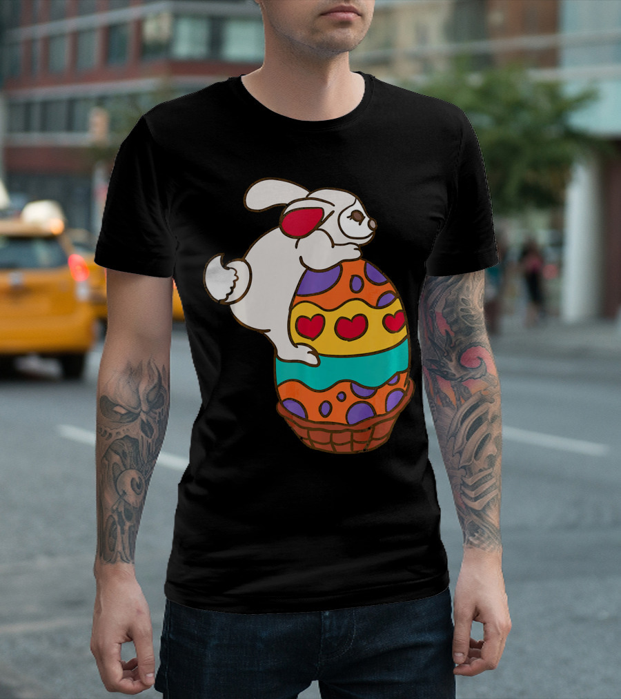 Easter Bunny Hugging Colorful Heart Patterned Egg T-Shirt
