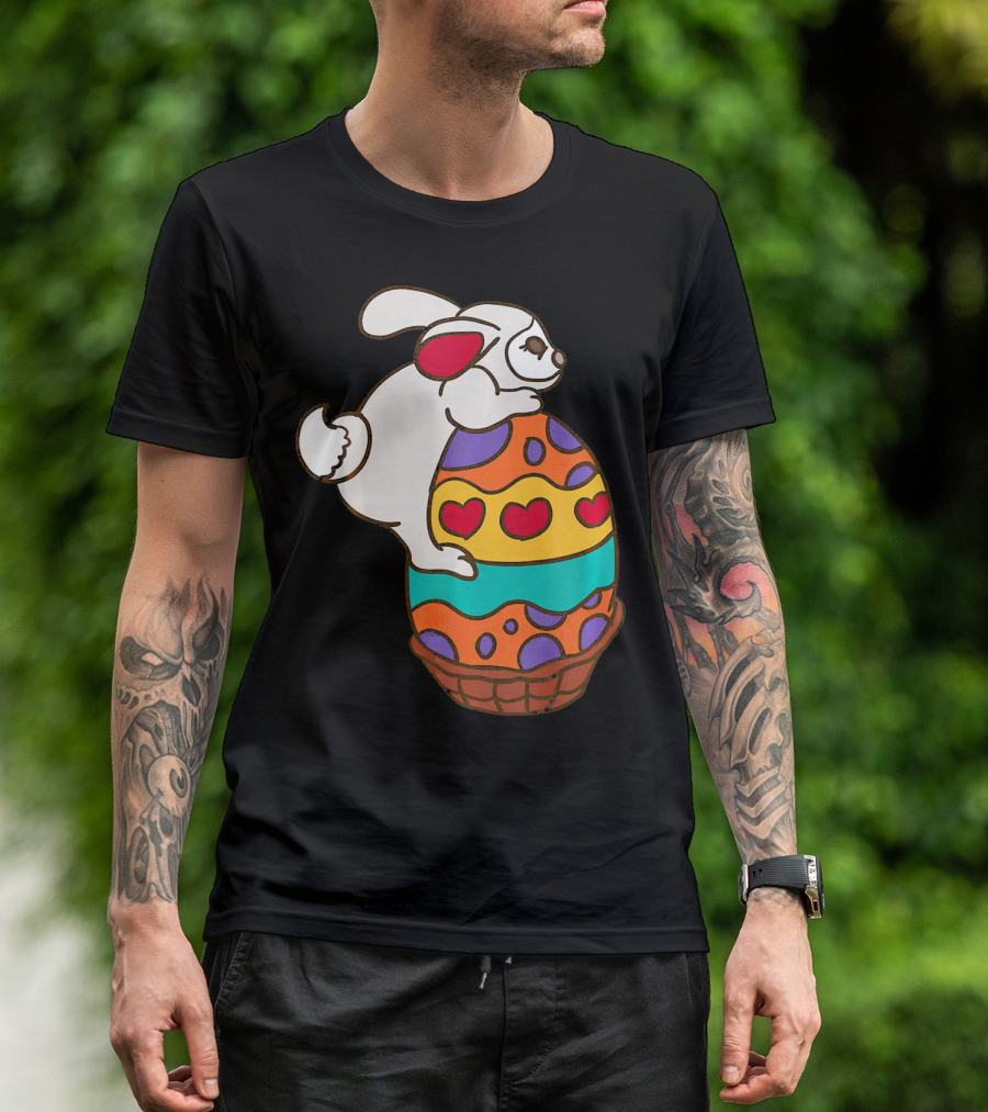 Easter Bunny Hugging Colorful Heart Patterned Egg T-Shirt