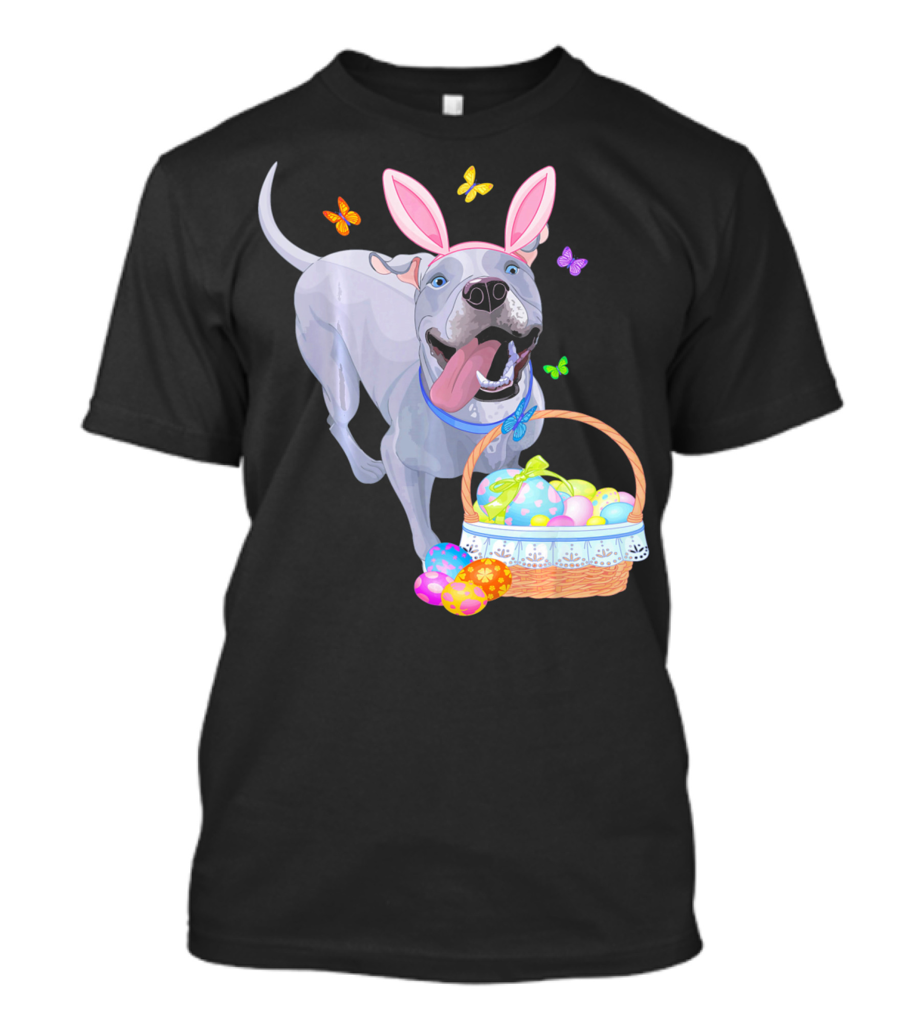 Gray Pit Bull Puppy With Bunny Ears And Easter Basket T-Shirt