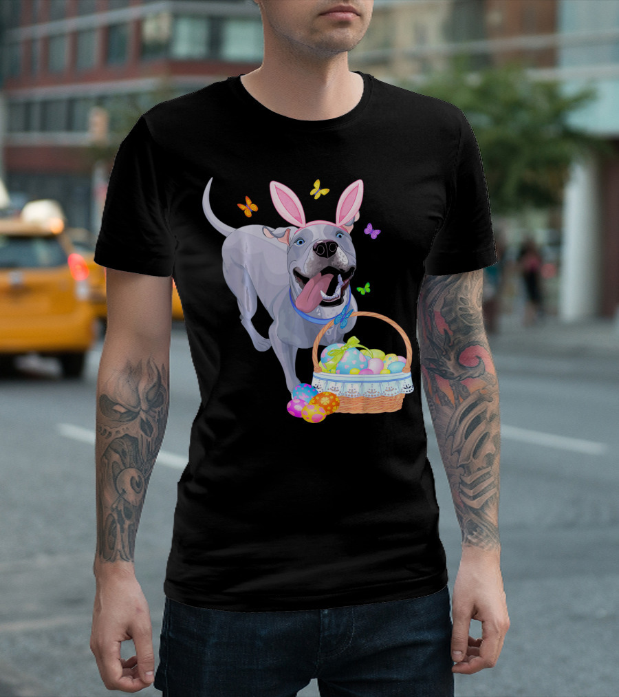 Gray Pit Bull Puppy with Bunny Ears and Easter Basket T-Shirt