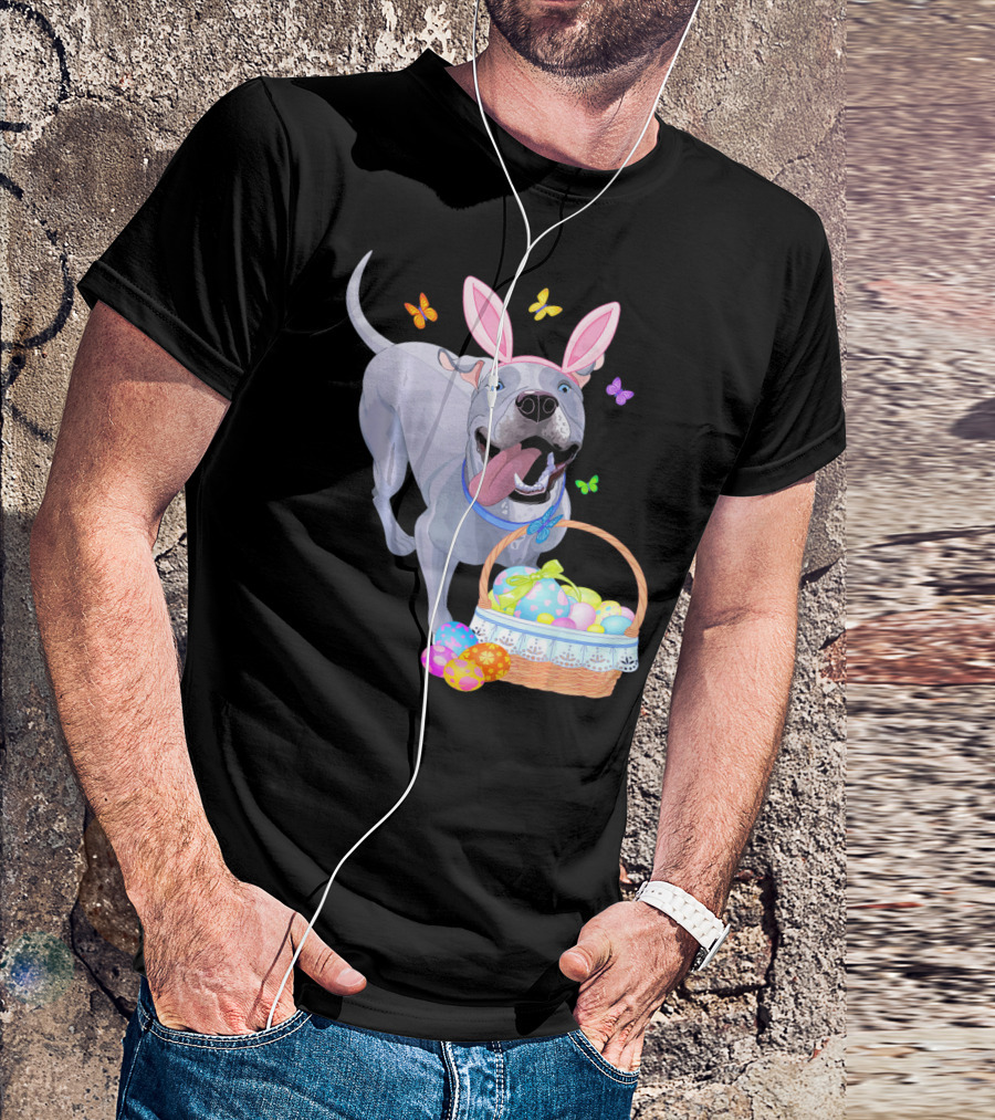 Gray Pit Bull Puppy With Bunny Ears And Easter Basket T-Shirt