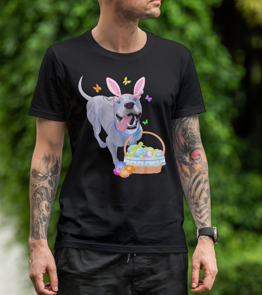 Gray Pit Bull Puppy With Bunny Ears And Easter Basket T-Shirt