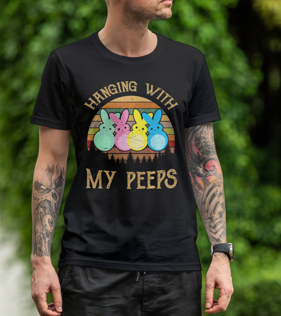 Hanging With My Peeps Vintage Easter Bunnies Retro Sunset T-Shirt
