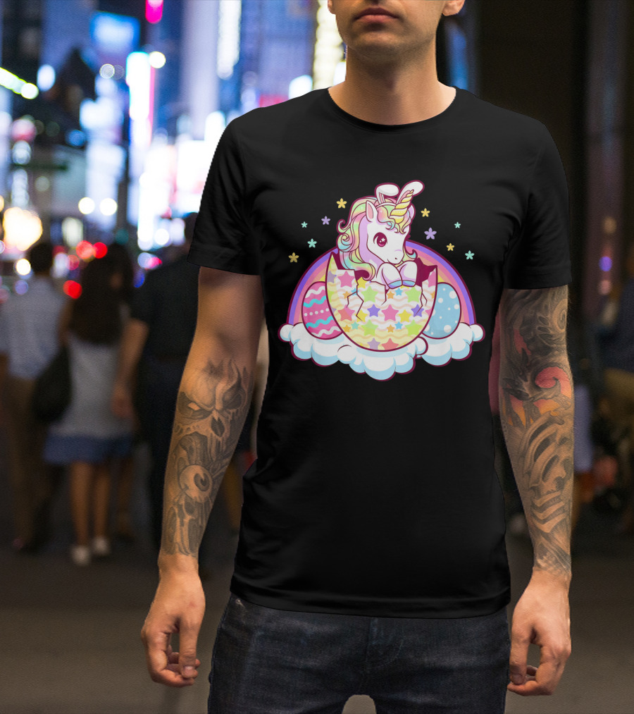 Easter Unicorn Hatching From Egg With Rainbow And Stars T-Shirt