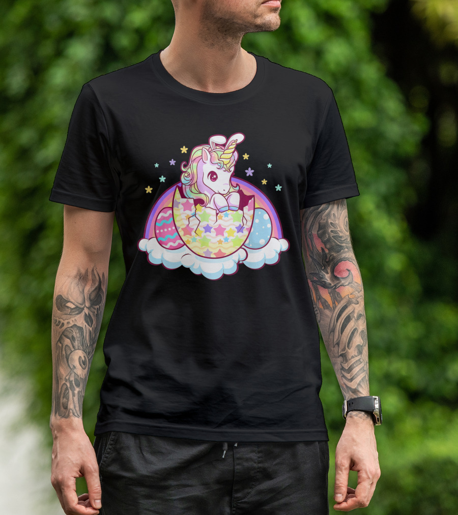 Easter Unicorn Hatching From Egg With Rainbow And Stars T-Shirt