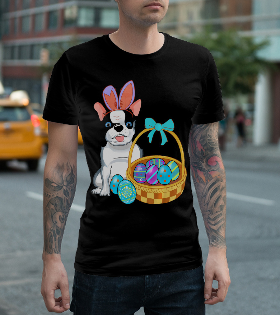 French Bulldog with Bunny Ears and Easter Egg Basket T-Shirt