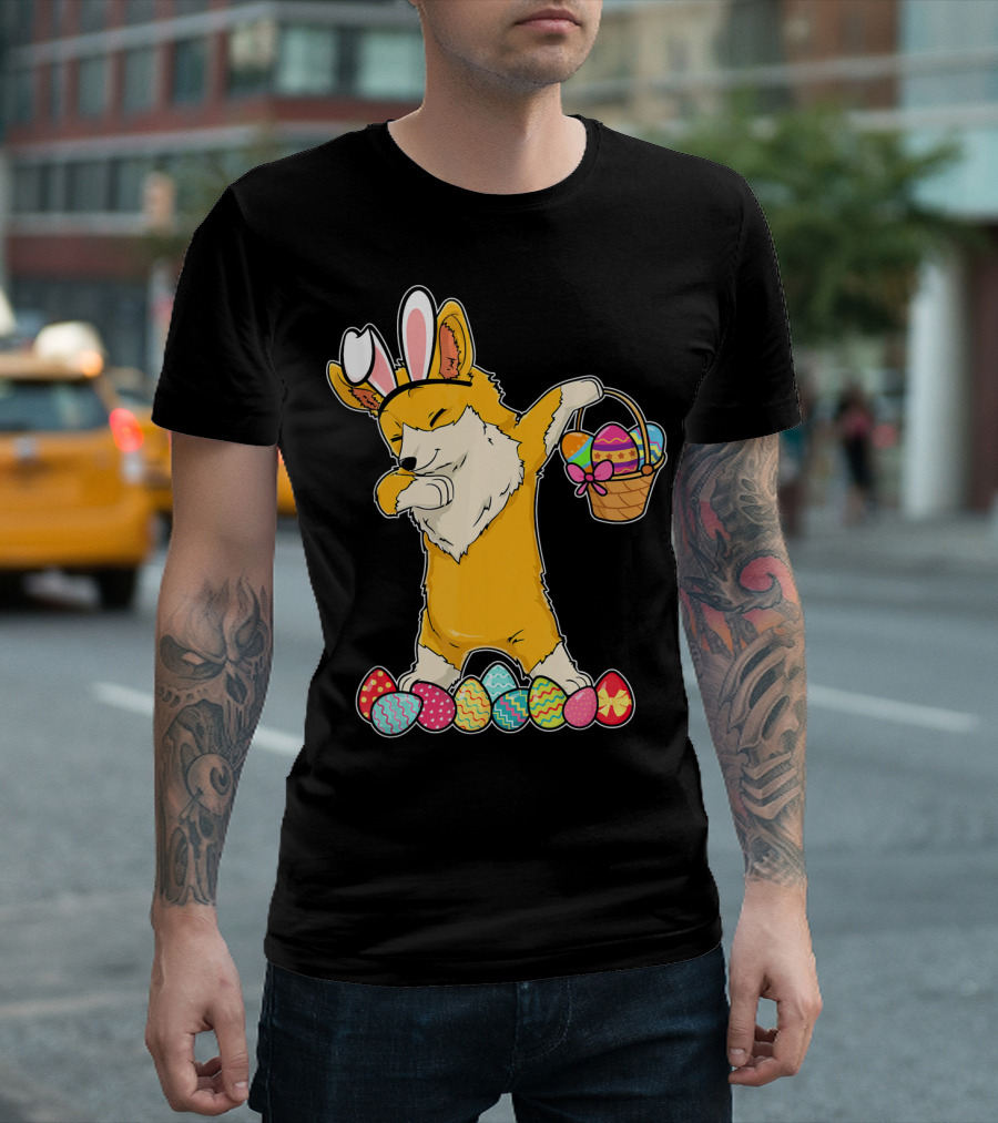 Corgi Dabbing Easter Basket Bunny Ears Eggs T-Shirt