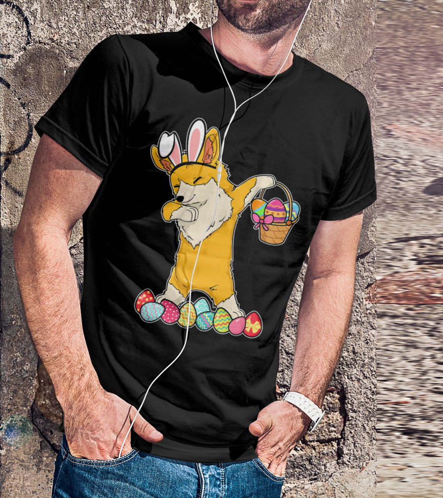Corgi Dabbing Easter Basket Bunny Ears Eggs T-Shirt