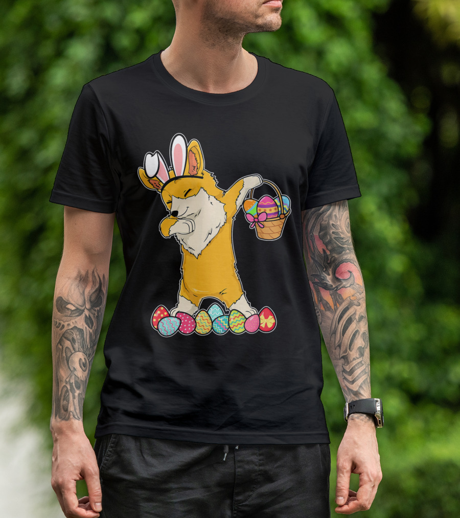 Corgi Dabbing Easter Basket Bunny Ears Eggs T-Shirt
