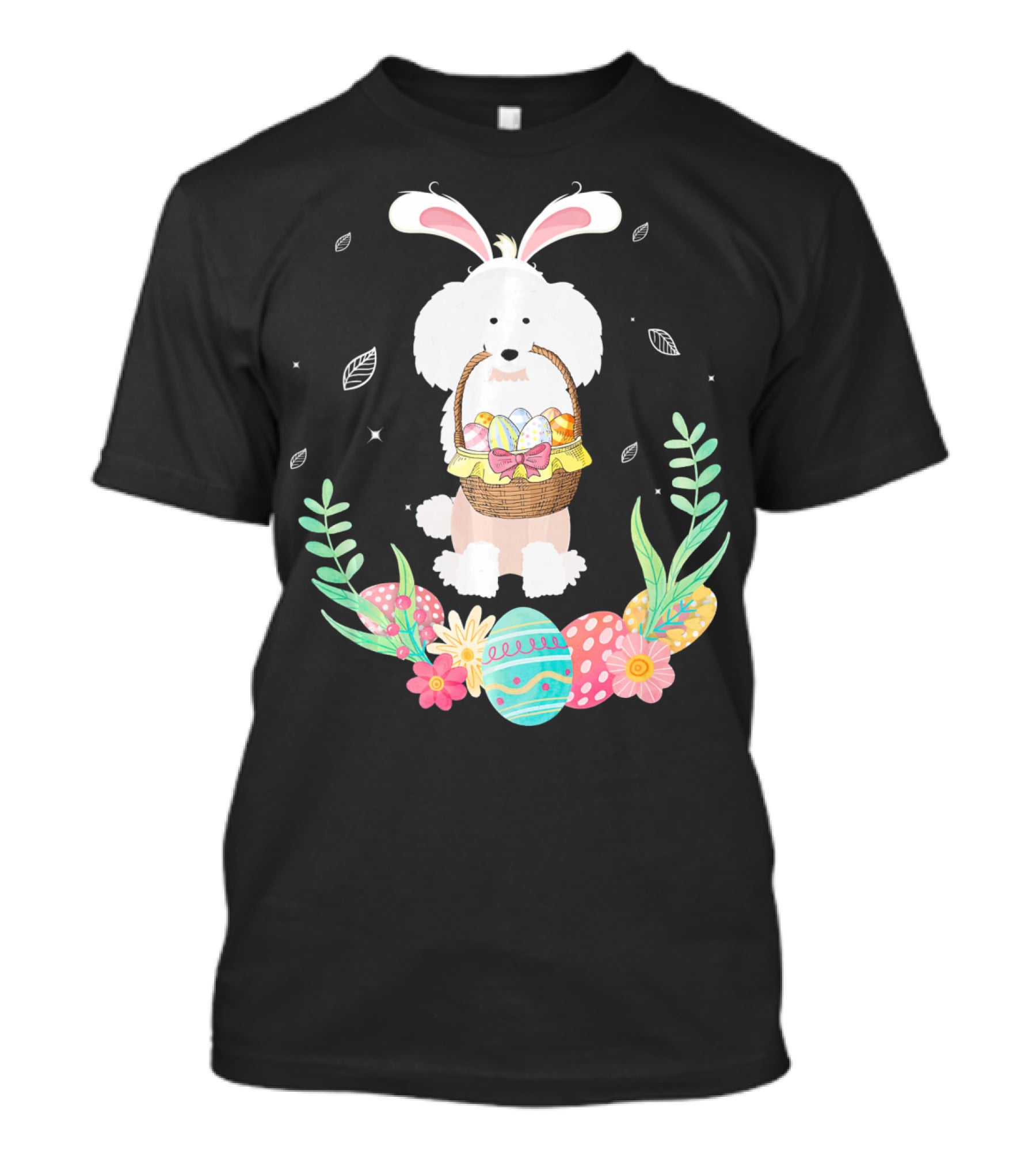 Poodle Bunny Ears Easter Egg Basket Spring Leaves T-Shirt