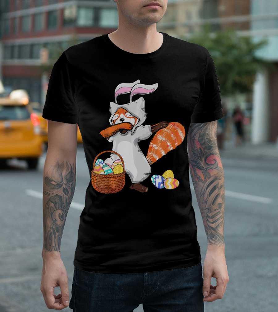 Dabbing Easter Bunny Red Panda with Basket of Colorful Eggs T-Shirt