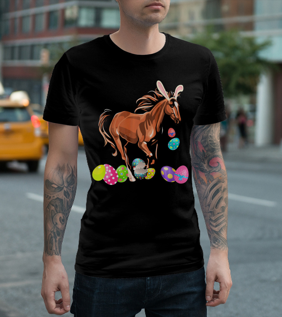 Horse With Bunny Ears Among Colorful Easter Eggs T-Shirt