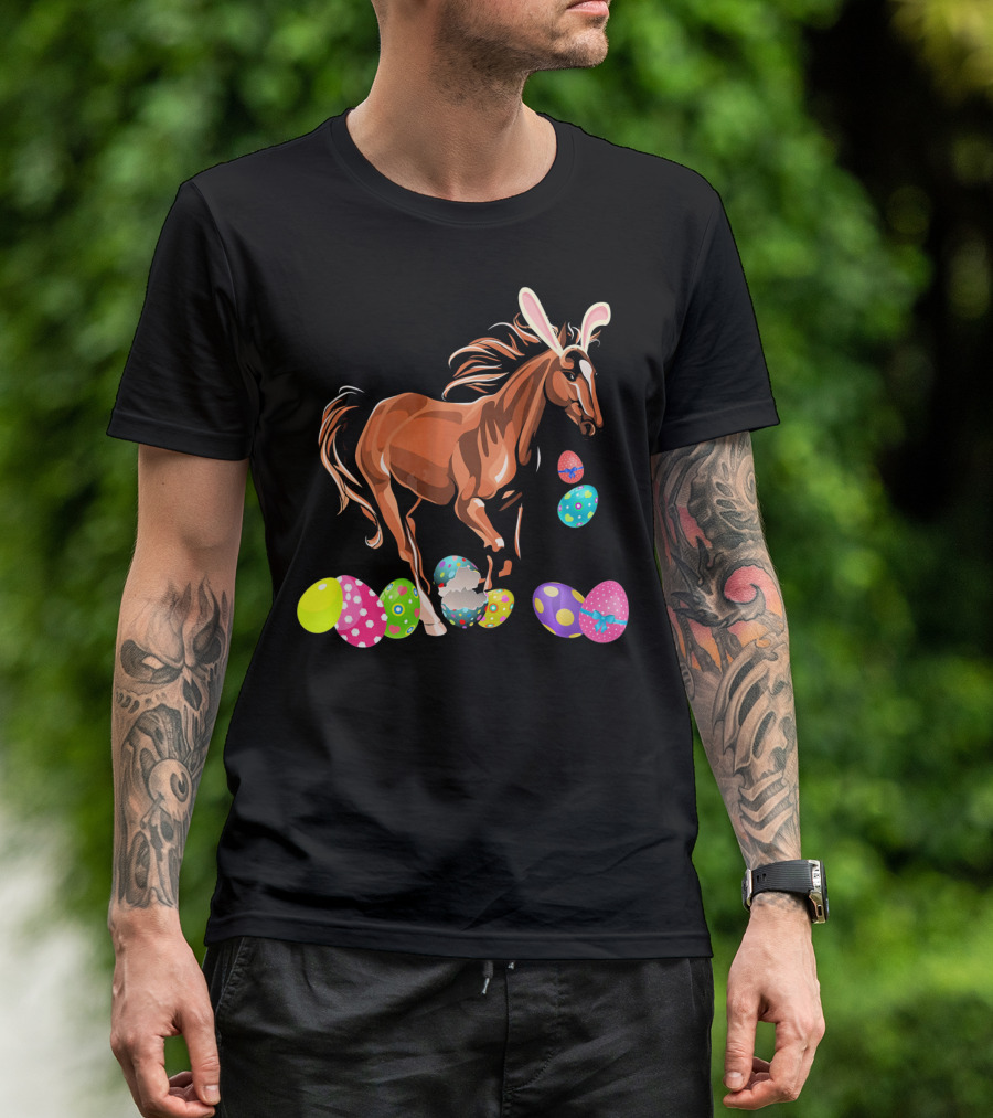 Horse With Bunny Ears Among Colorful Easter Eggs T-Shirt