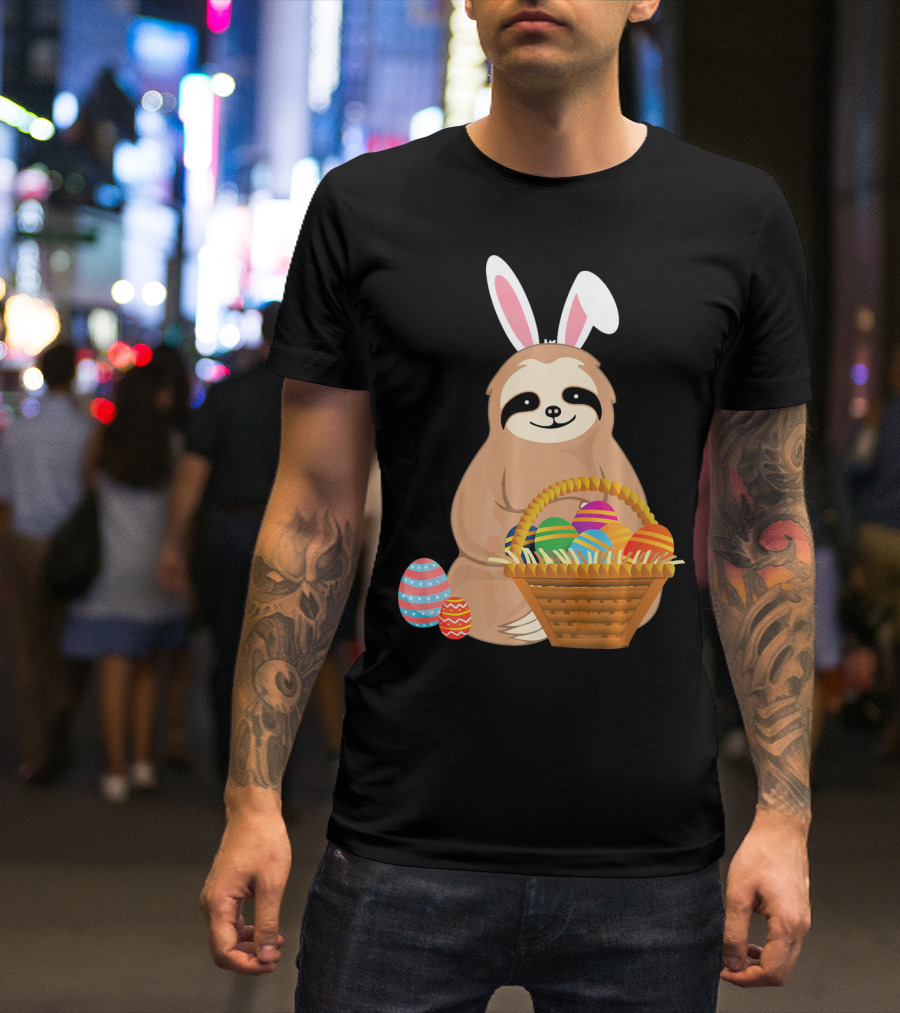 Easter Sloth Bunny With Colorful Eggs Basket T-Shirt