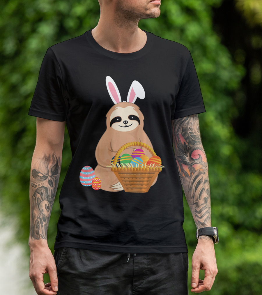 Easter Sloth Bunny With Colorful Eggs Basket T-Shirt