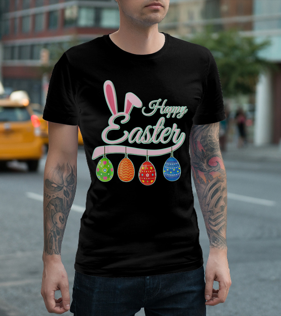 Happy Easter Bunny Ears Hanging Colorful Eggs T-Shirt