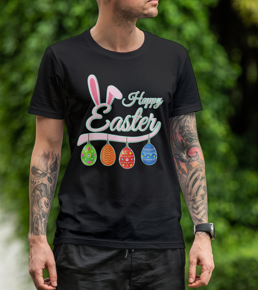Happy Easter Bunny Ears Hanging Colorful Eggs T-Shirt