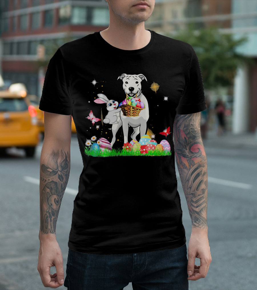 Easter Day Dogo Argentino With Bunny Basket Of Eggs And Butterflies T-Shirt