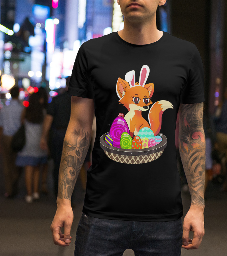 Easter Foxy Fox With Bunny Ears In Basket Of Colorful Eggs T-Shirt