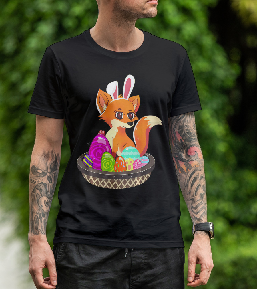 Easter Foxy Fox With Bunny Ears In Basket Of Colorful Eggs T-Shirt