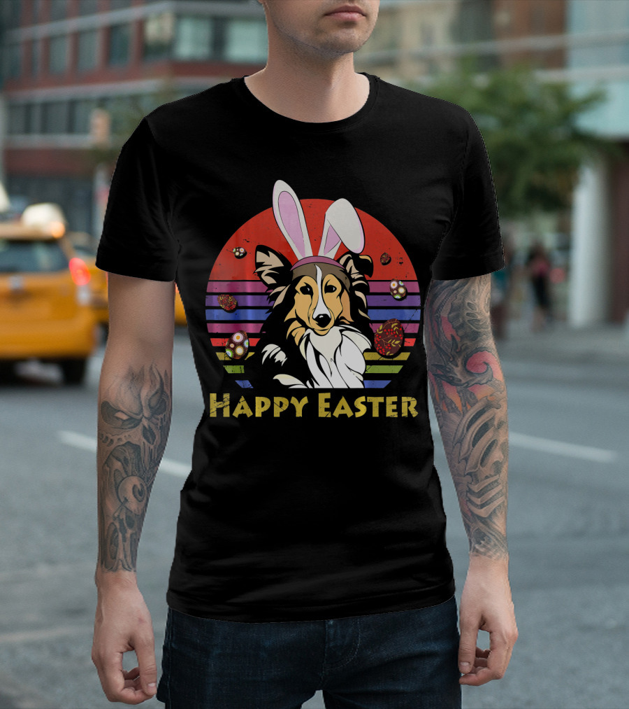 Happy Easter Shetland Sheepdog With Bunny Headband And Colorful Eggs T-Shirt