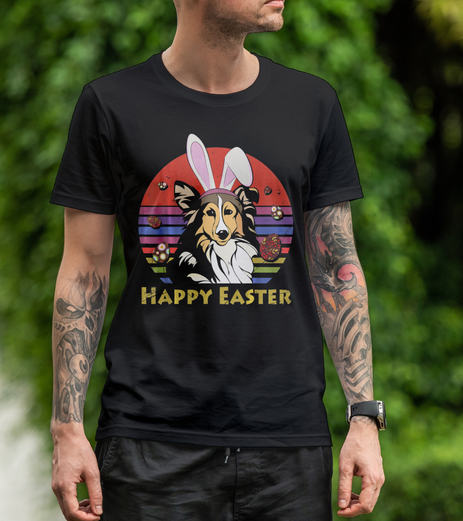 Happy Easter Shetland Sheepdog With Bunny Headband And Colorful Eggs T-Shirt