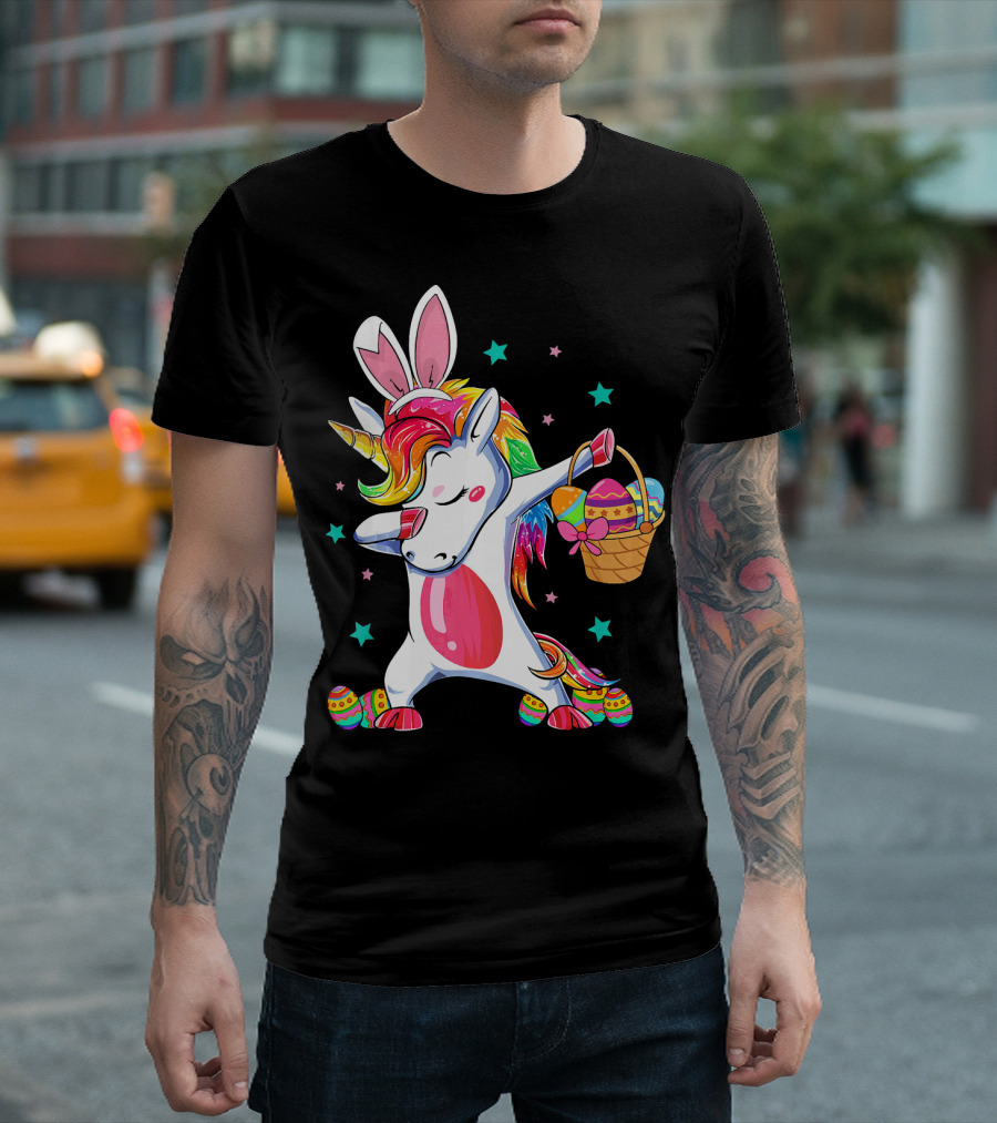 Dabbing Bunny Unicorn with Easter Basket and Eggs Funny Easter Day T-Shirt