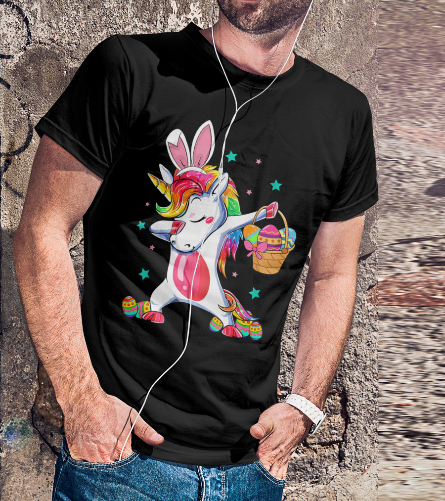 Dabbing Bunny Unicorn With Easter Basket And Eggs Funny Easter Day T-Shirt