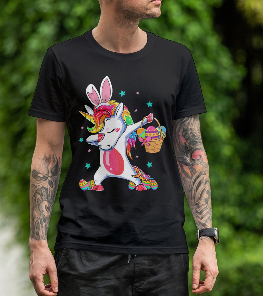Dabbing Bunny Unicorn With Easter Basket And Eggs Funny Easter Day T-Shirt