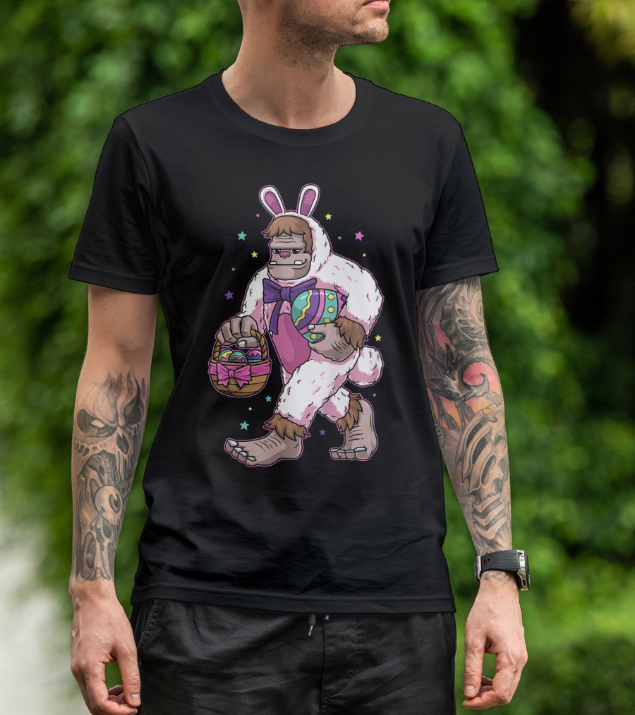 Kids Easter Bunny Bigfoot Sasquatch Basket Eggs Stars T-Shirt
