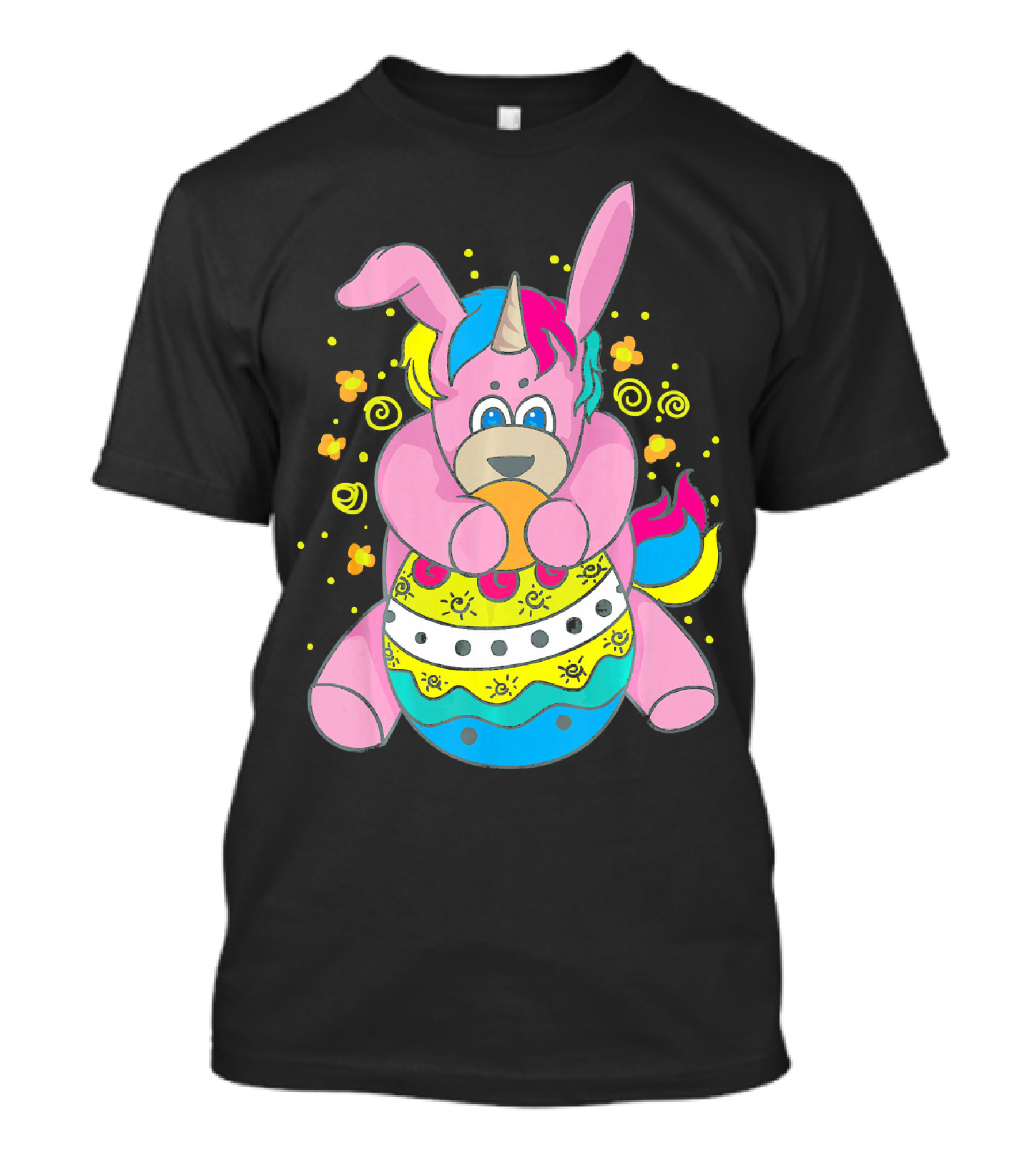 Bunny Unicorn Holding Easter Egg Surrounded By Flowers And Swirls T-Shirt