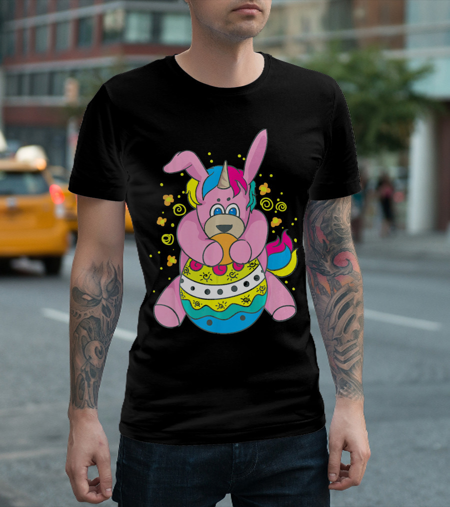 Bunny Unicorn Holding Easter Egg Surrounded by Flowers and Swirls T-Shirt