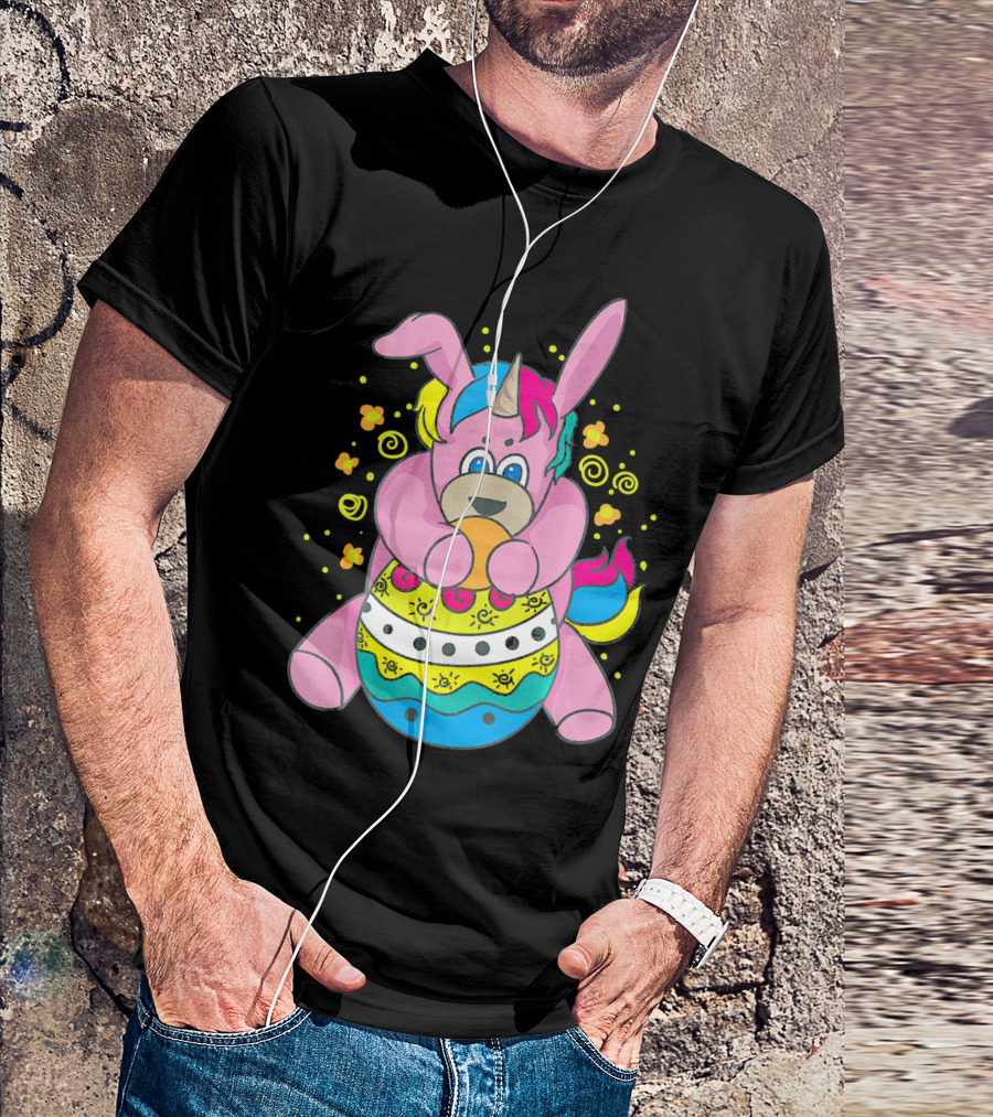 Bunny Unicorn Holding Easter Egg Surrounded By Flowers And Swirls T-Shirt