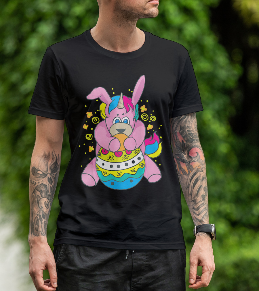 Bunny Unicorn Holding Easter Egg Surrounded By Flowers And Swirls T-Shirt