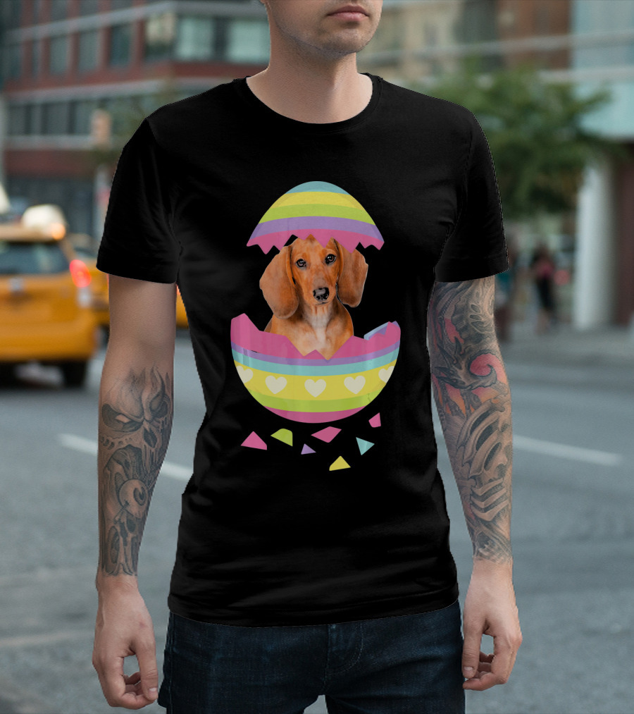Dachshund in Colorful Easter Egg with Heart Stripes T-Shirt