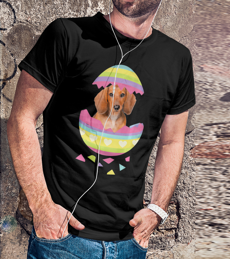 Dachshund In Colorful Easter Egg With Heart Stripes T-Shirt