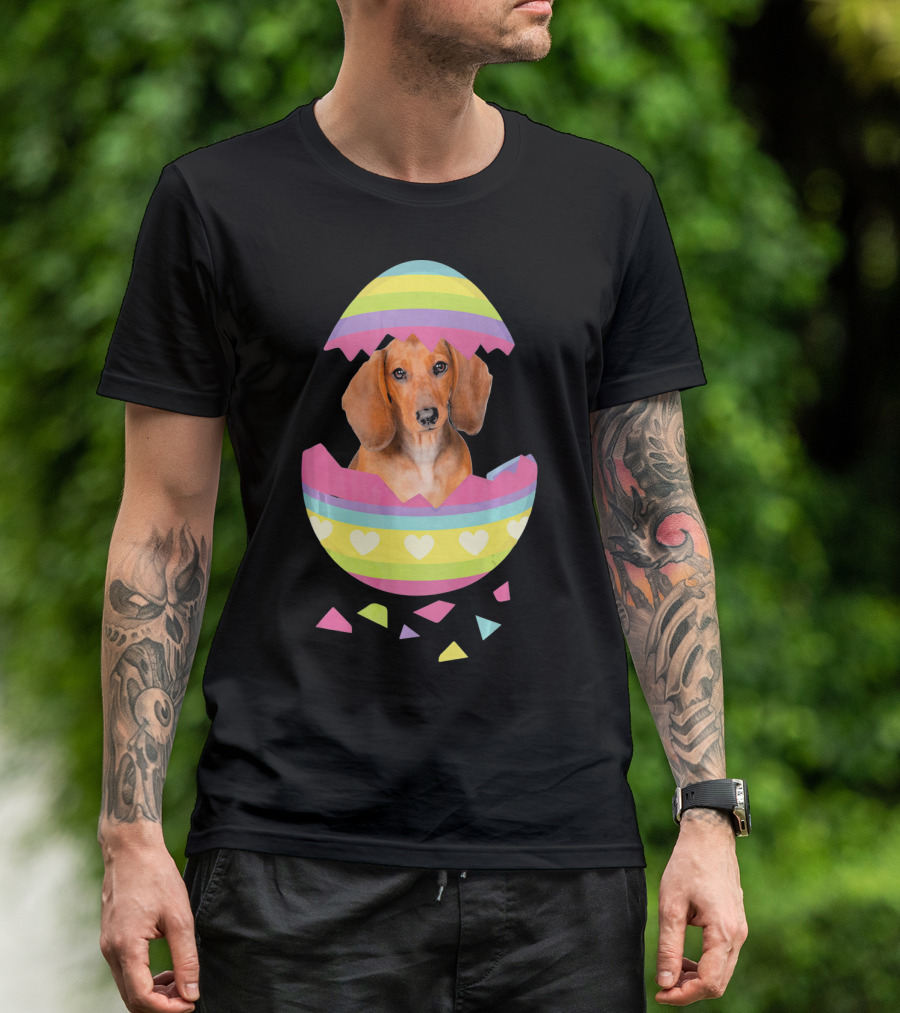 Dachshund In Colorful Easter Egg With Heart Stripes T-Shirt