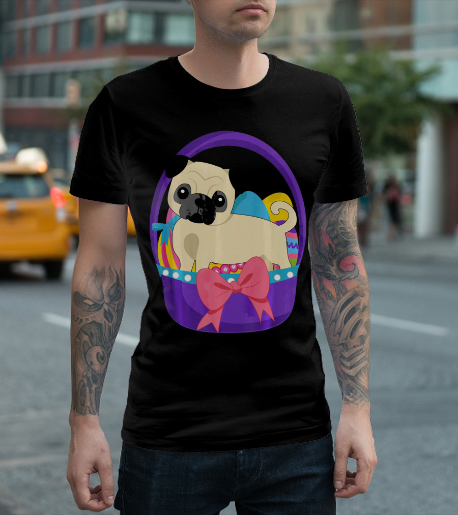 Easter Pug Dog in Colorful Basket with Eggs and Bow T-Shirt
