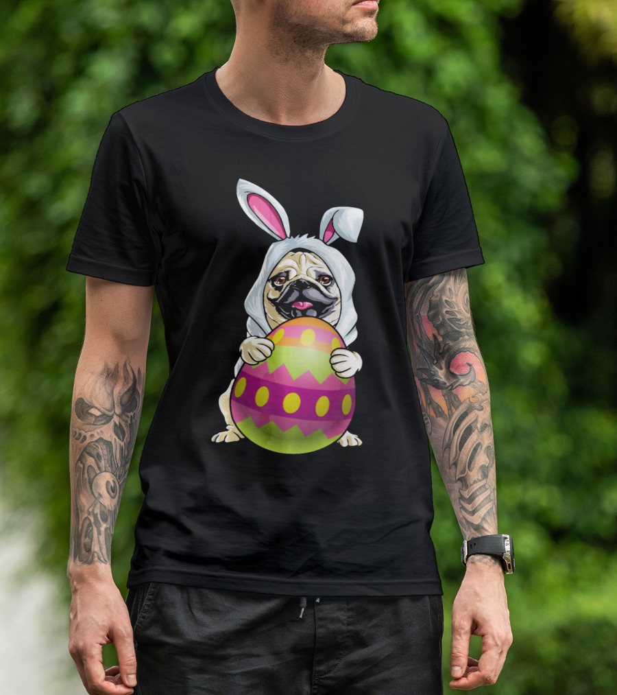 Pug Dressed As Easter Bunny Holding Colorful Easter Egg T-Shirt