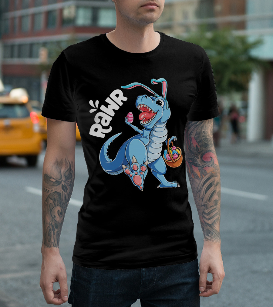 Rawr Easter Bunny Dinosaur Rex with Basket and Eggs T-Shirt