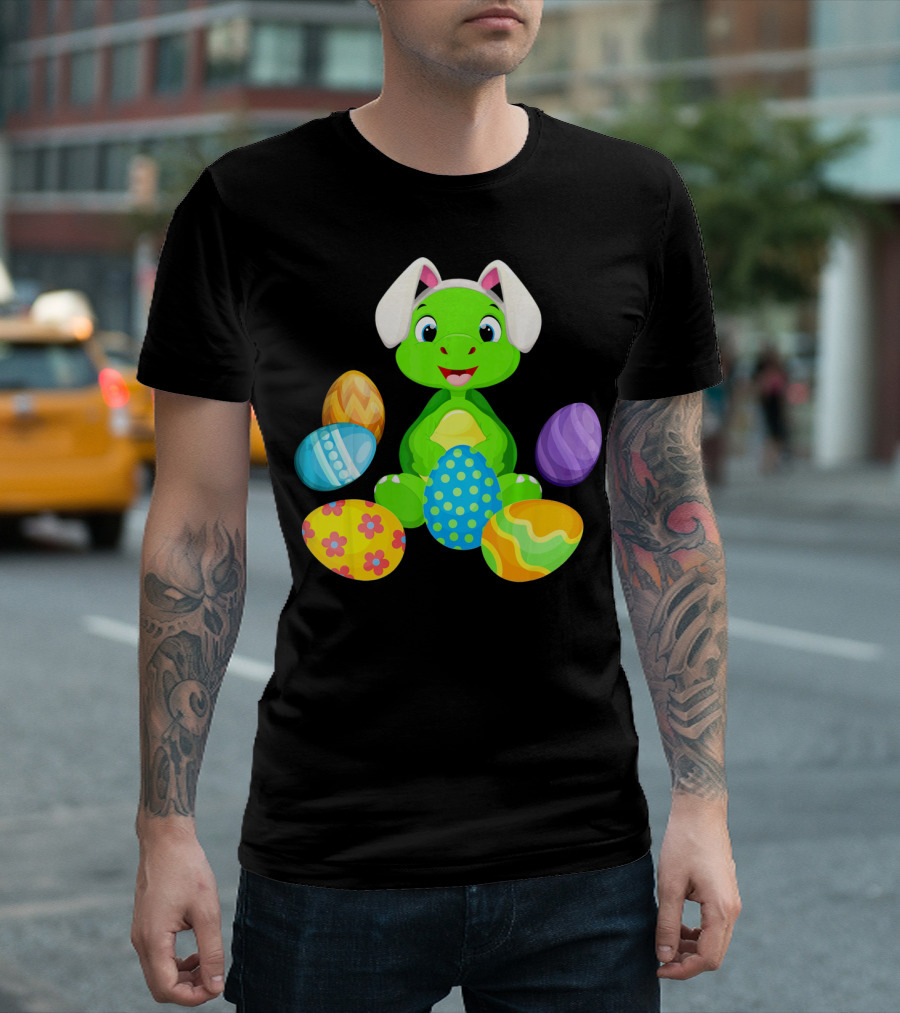 Turtle Bunny Rabbit with Hat Holding Easter Eggs T-Shirt