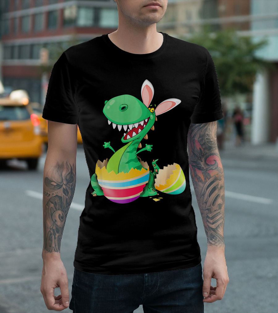 Easter Dinosaur Bunny Emerging from Striped Egg T-Shirt
